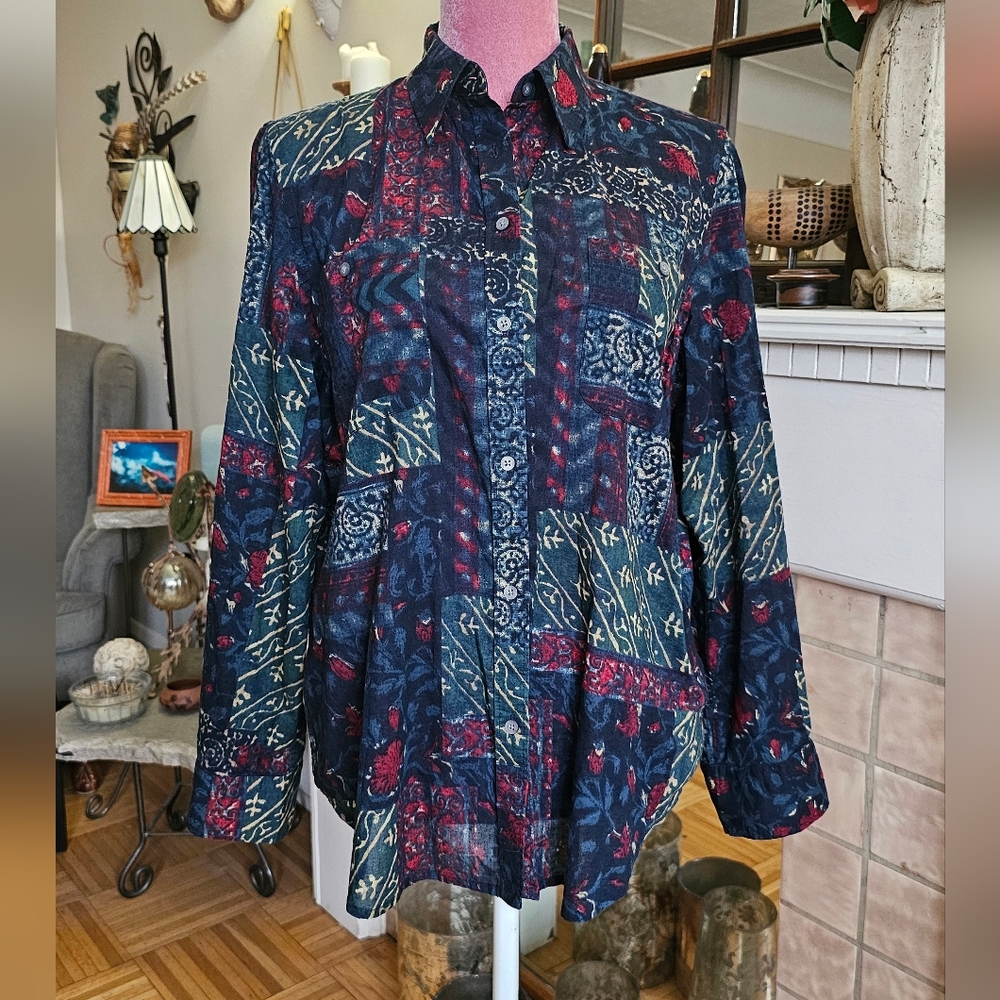 Ralph Lauren Navy Button-Up Patchwork Print Shirt with Red & Teal Accents